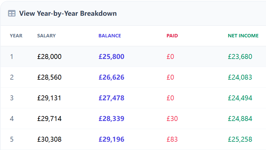 Close-up of UK payslip showing student loan deduction